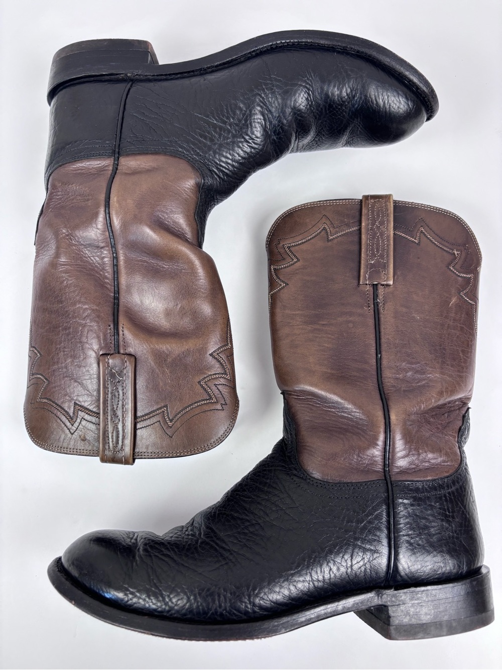Vintage Lucchese 2000 Two-Tone Leather Western Cowboy Boots Black Brown Sz 8EE - Picture 9 of 16